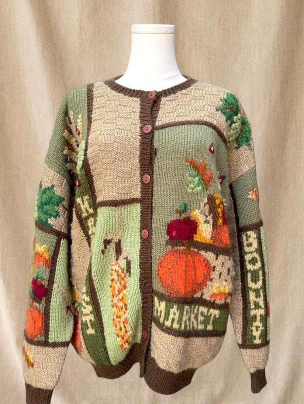 Vintage wool fall harvest cardigan sweater with fruit, vegetable & pumpkins